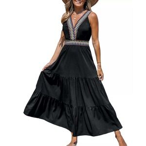 CUPSHE Black V Neck Tiered Maxi Dress Embroidered Trim Bohemian‎ Size XL